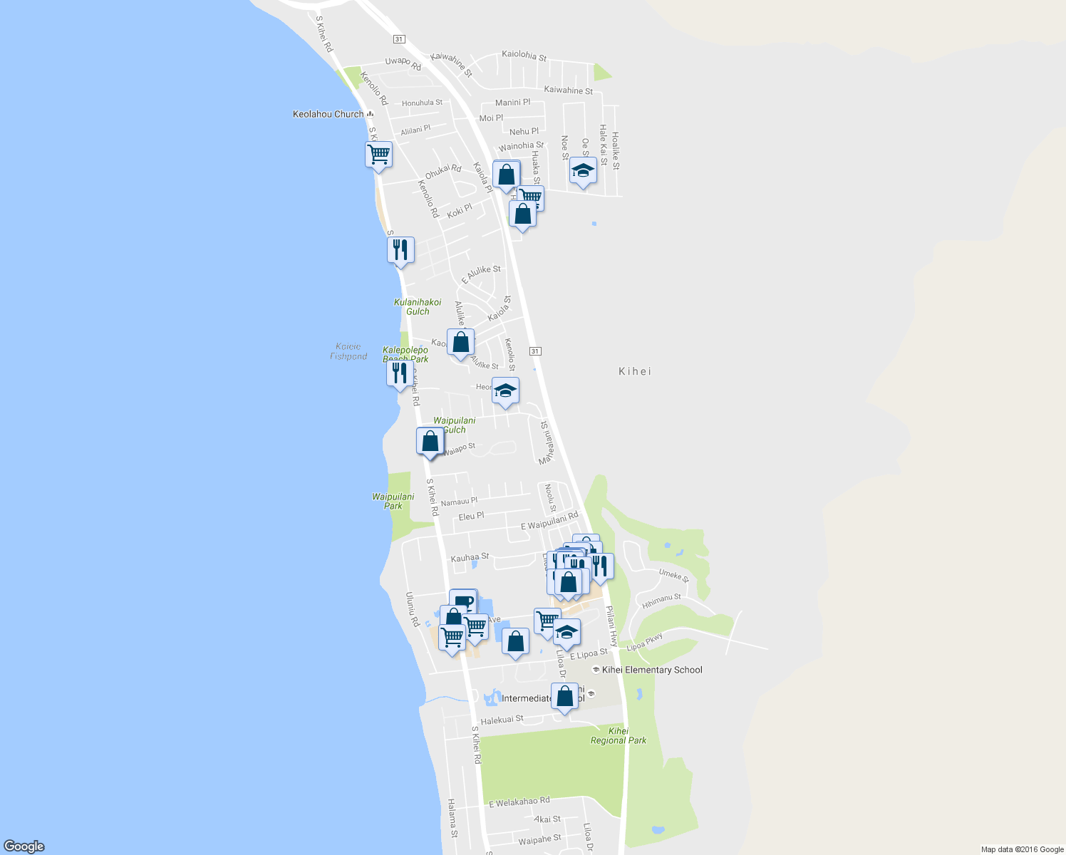 map of restaurants, bars, coffee shops, grocery stores, and more near 823 Malulani Street in Kihei