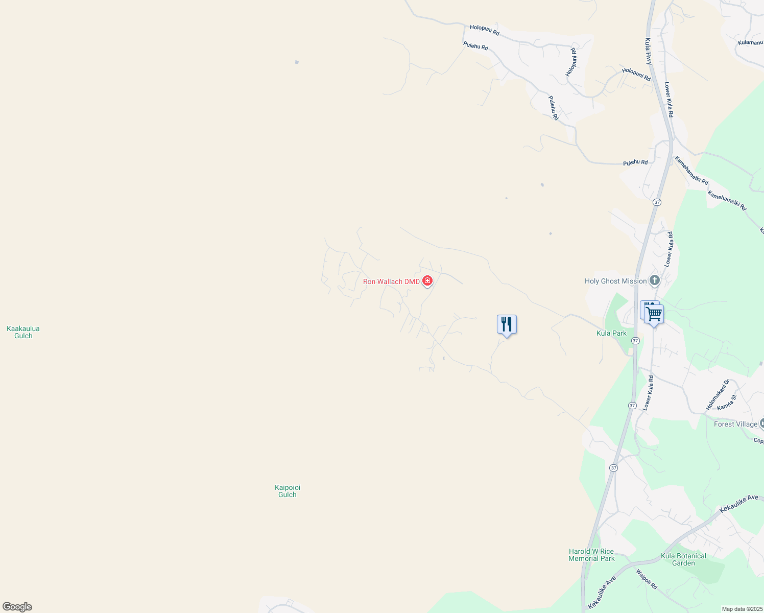 map of restaurants, bars, coffee shops, grocery stores, and more near 1651 Naalae Road in Kula