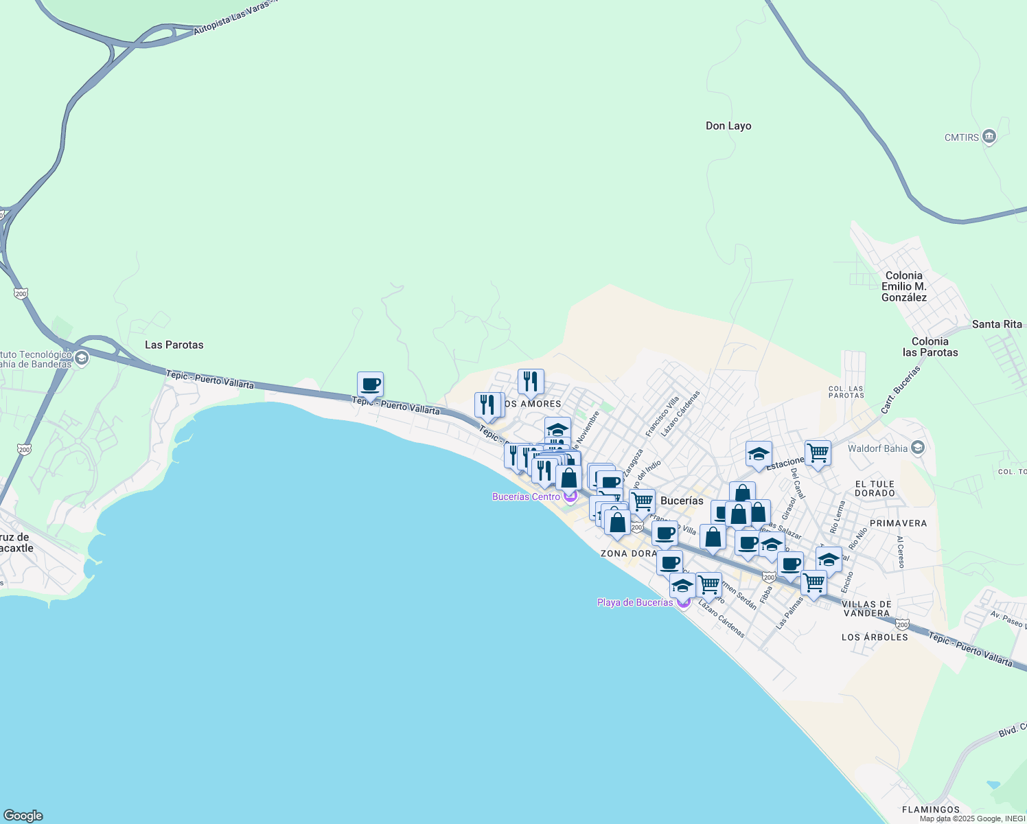 map of restaurants, bars, coffee shops, grocery stores, and more near Las Palmas in Bucerias