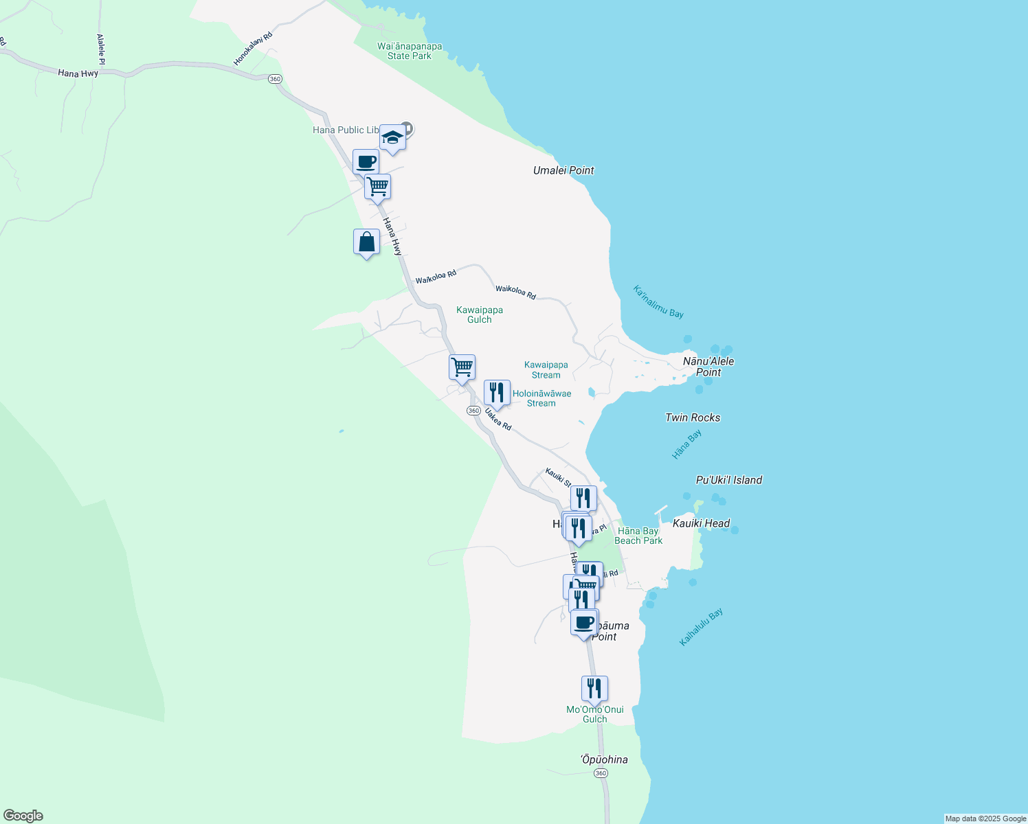 map of restaurants, bars, coffee shops, grocery stores, and more near 4685 Uakea Rd in Hana