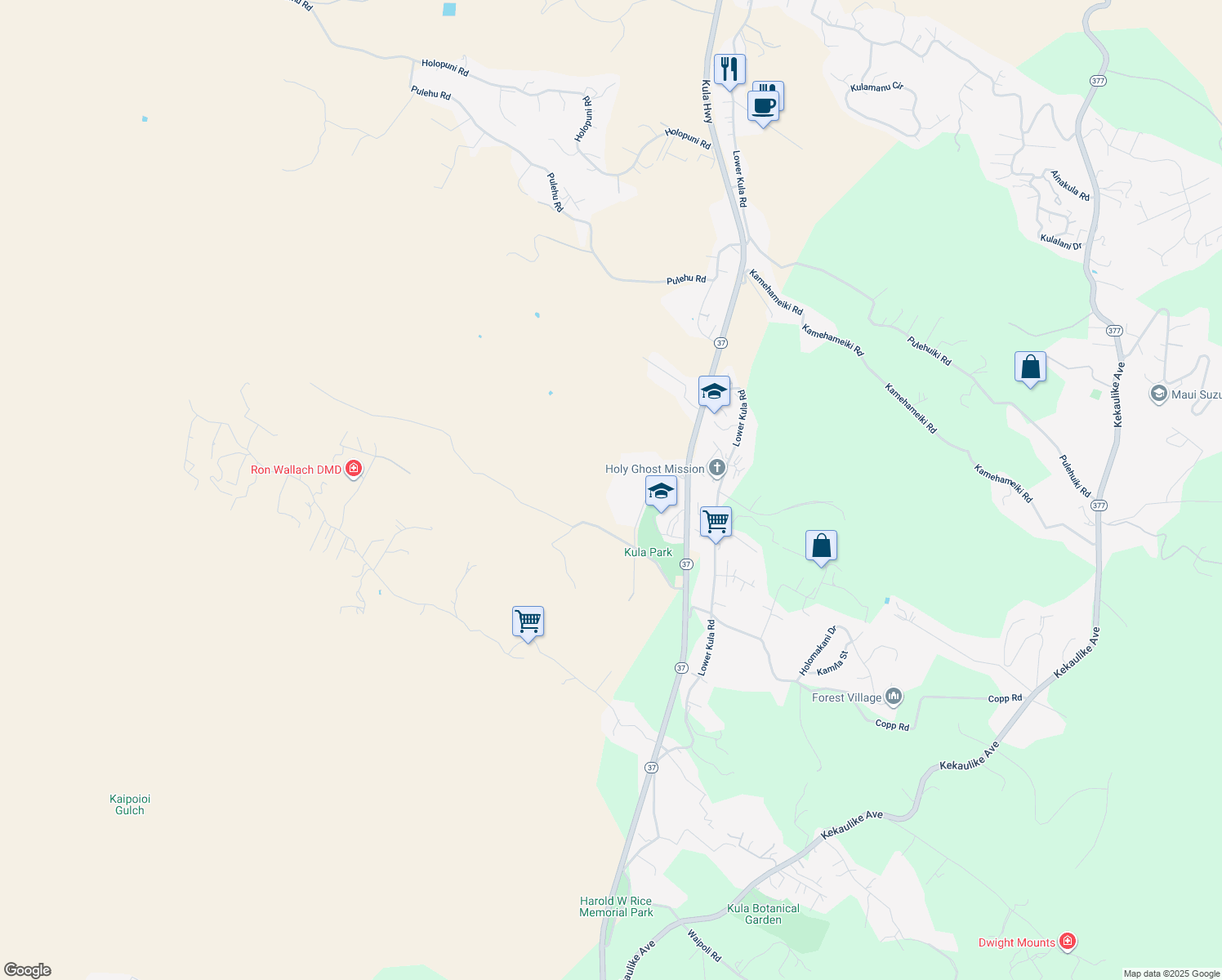 map of restaurants, bars, coffee shops, grocery stores, and more near 390 Calasa Road in Kula