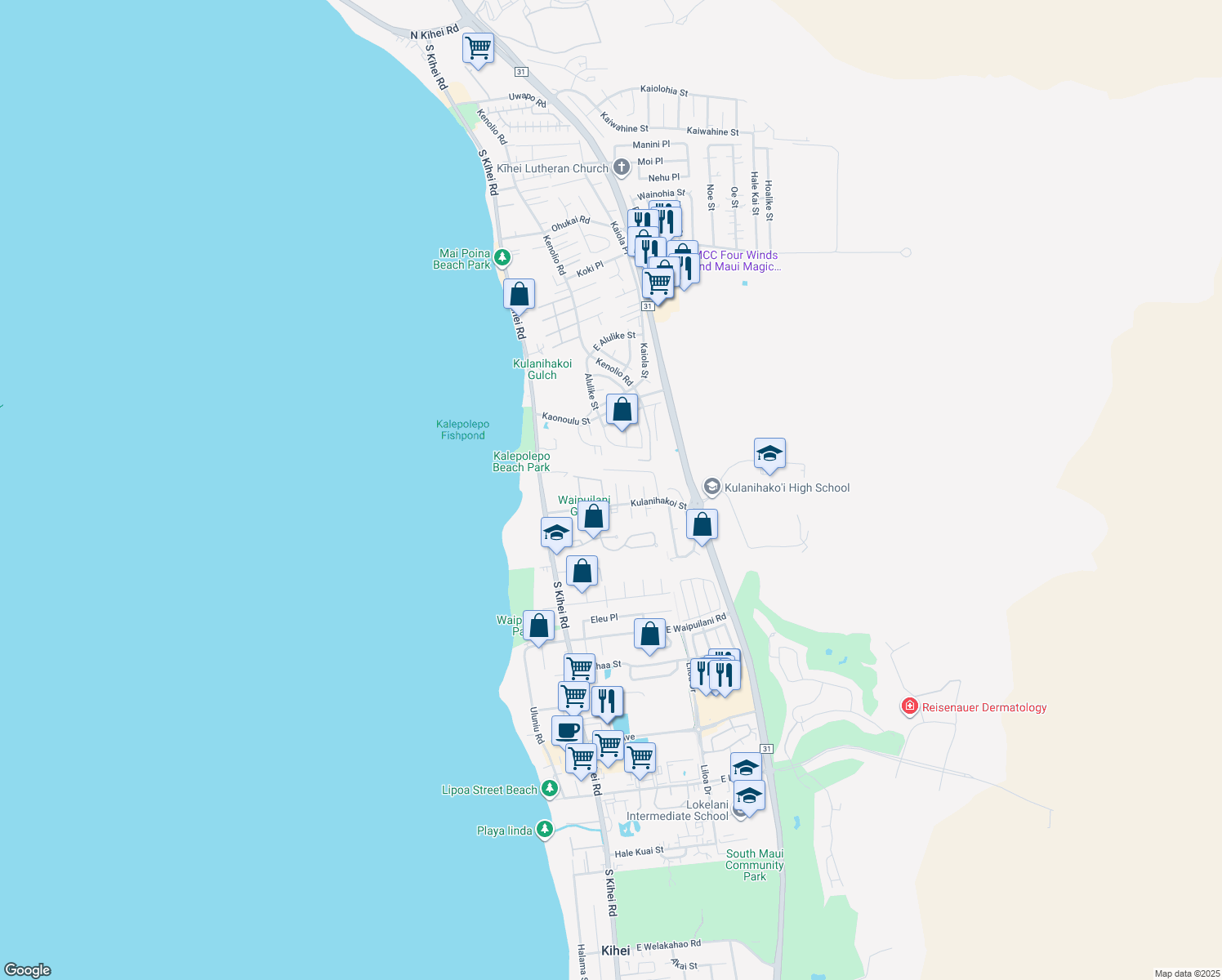 map of restaurants, bars, coffee shops, grocery stores, and more near 27 Alania Place in Kihei