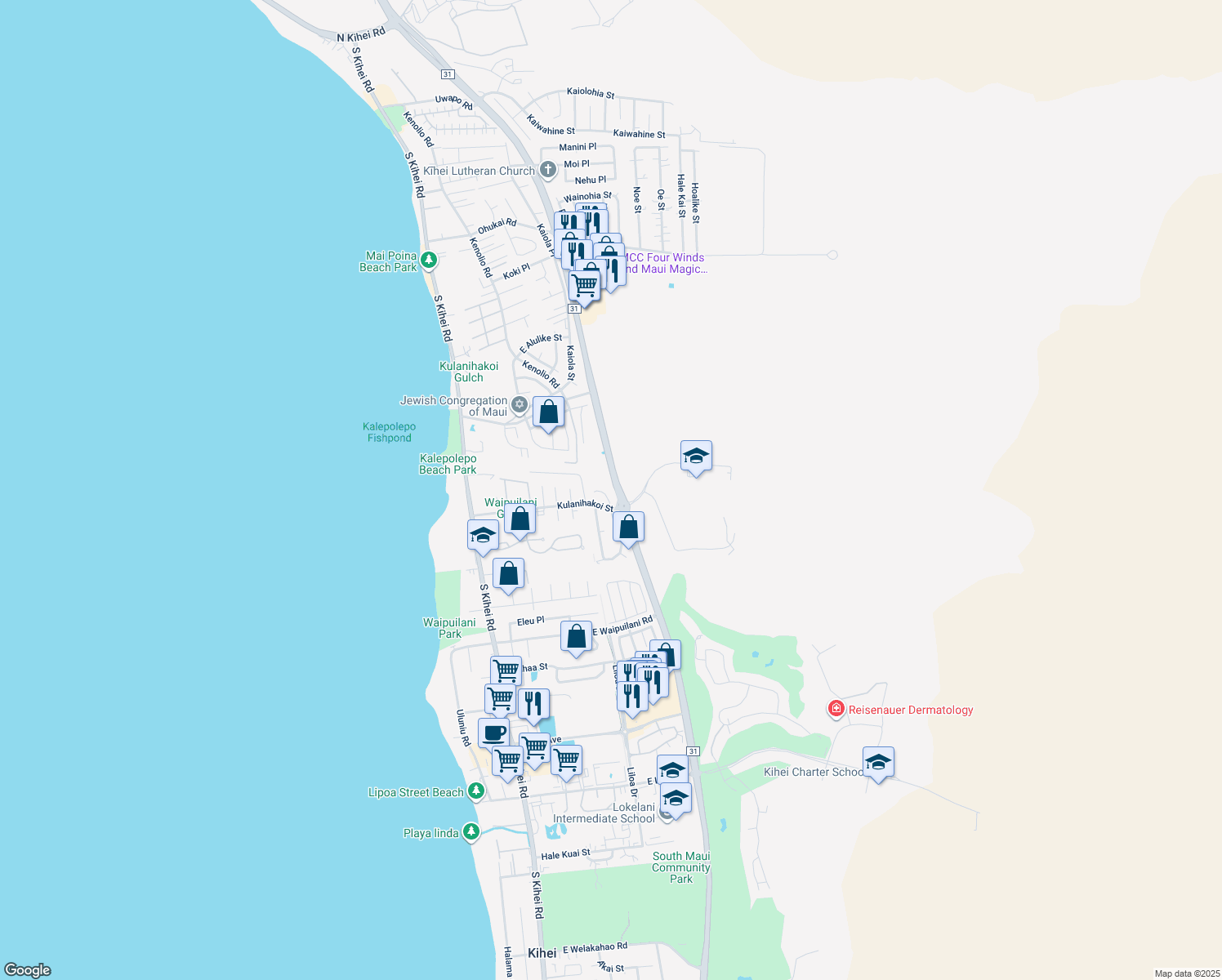 map of restaurants, bars, coffee shops, grocery stores, and more near 800 Mahealani Place in Kihei