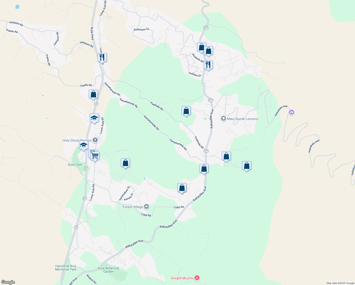 map of restaurants, bars, coffee shops, grocery stores, and more near 1173 Kamehameiki Road in Kula
