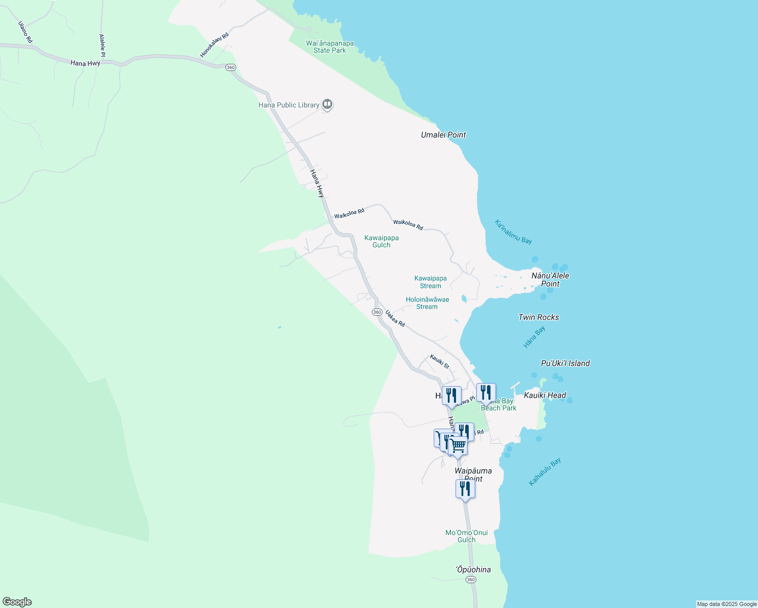 map of restaurants, bars, coffee shops, grocery stores, and more near 0 Uakea Road in Hana