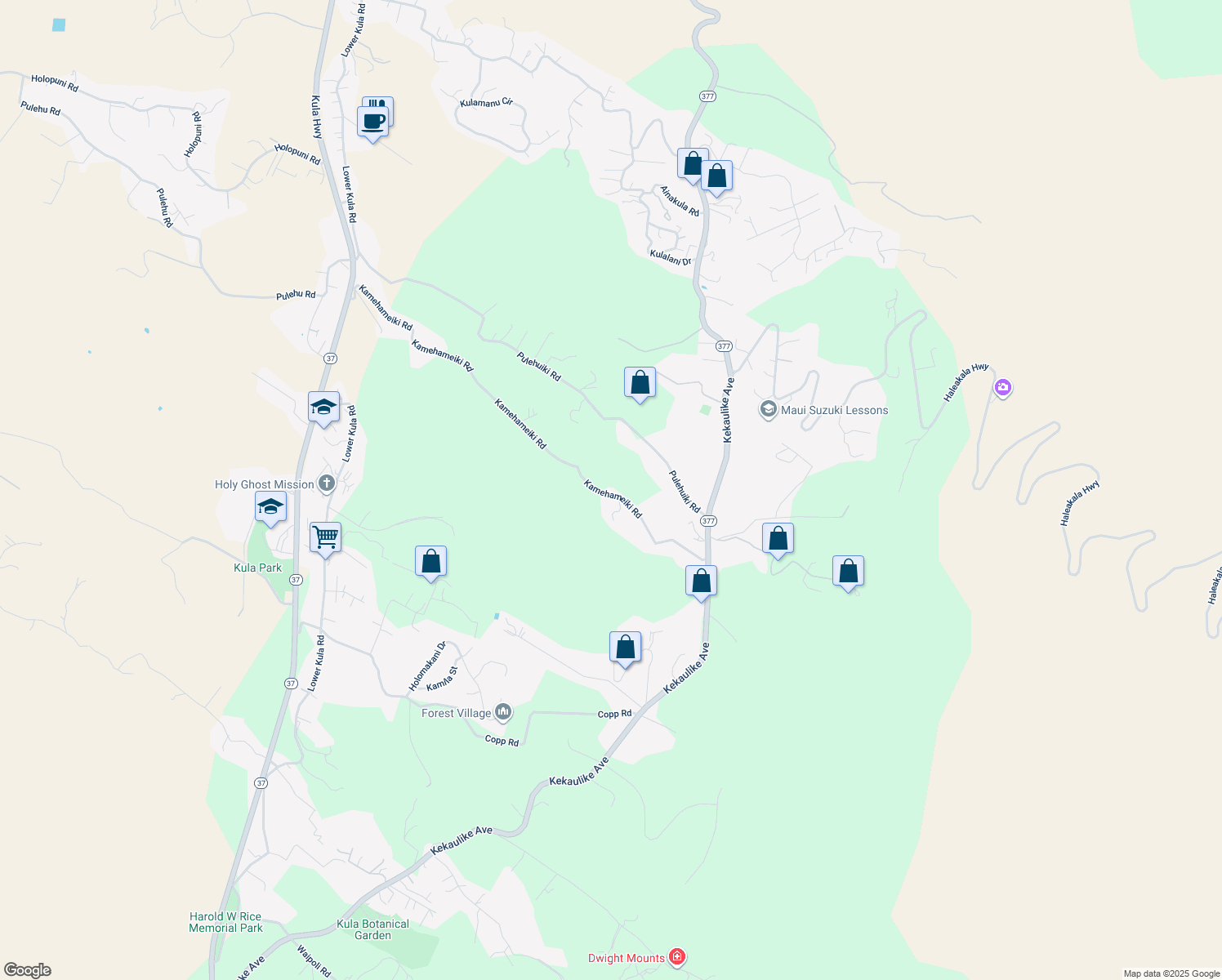 map of restaurants, bars, coffee shops, grocery stores, and more near 1173 Kamehameiki Road in Kula