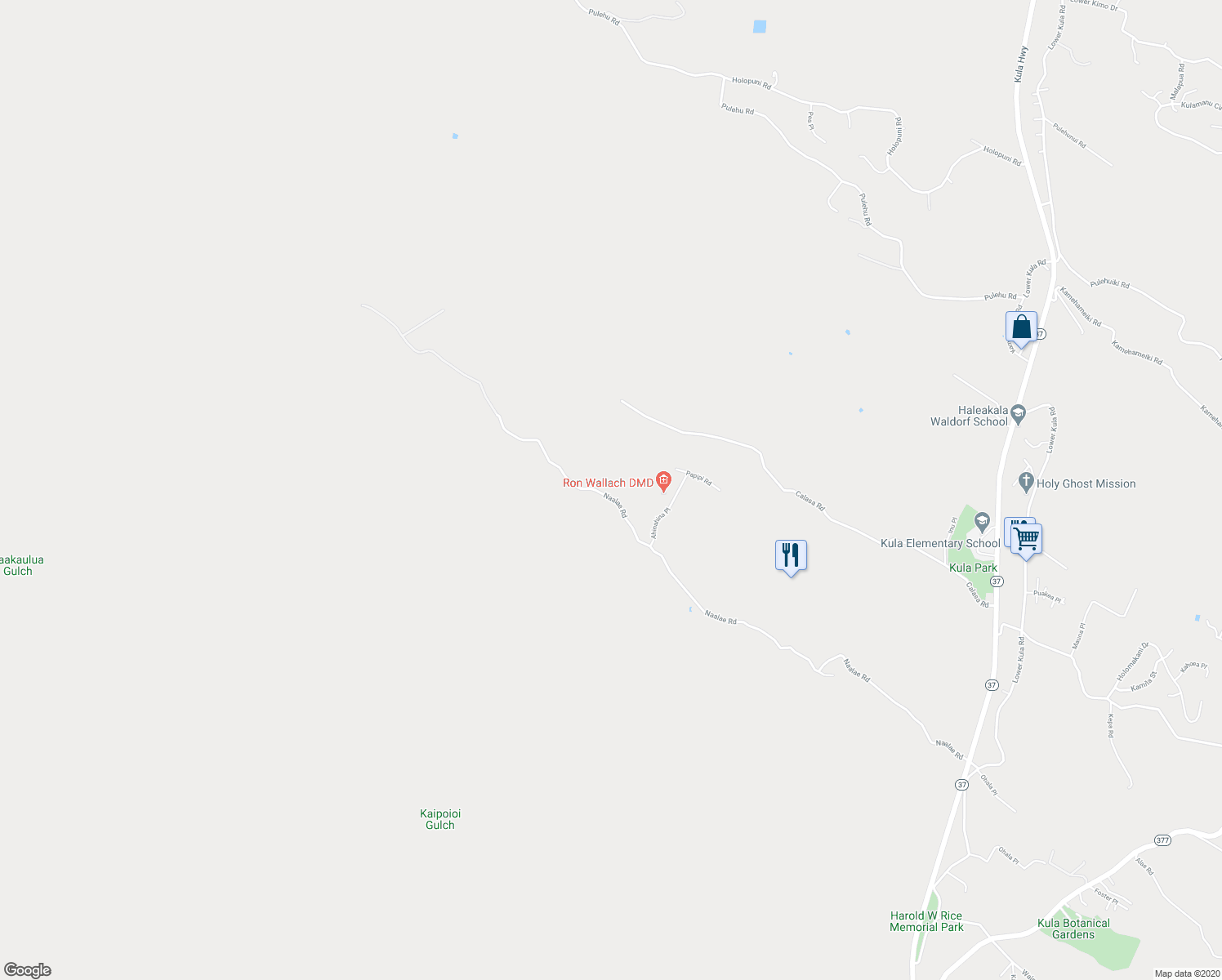 map of restaurants, bars, coffee shops, grocery stores, and more near 1678 Naalae Road in Kula