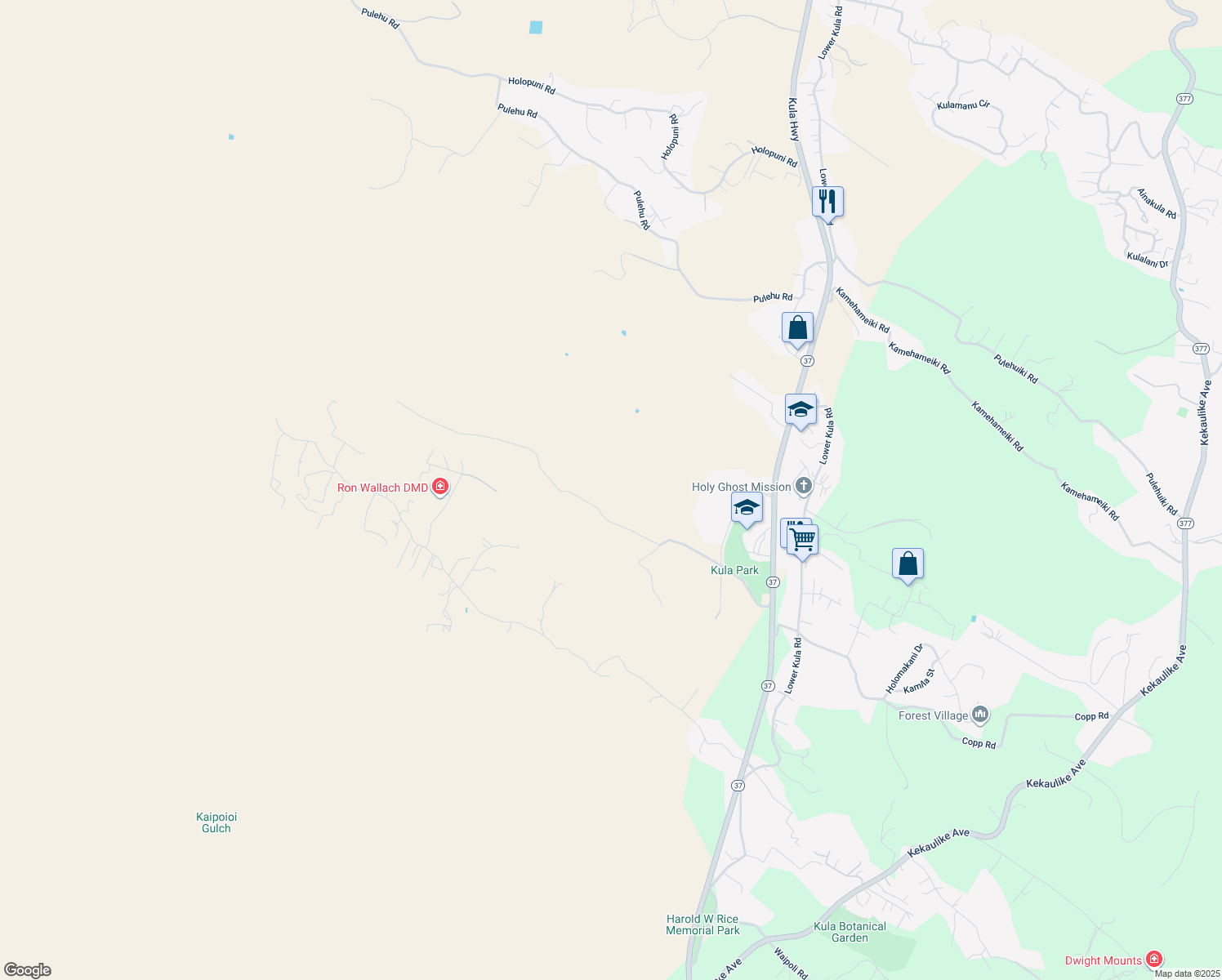 map of restaurants, bars, coffee shops, grocery stores, and more near 600 Calasa Road in Kula