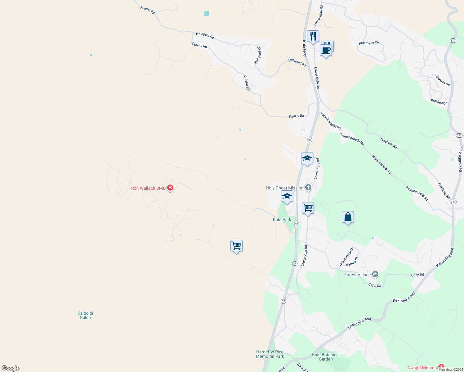 map of restaurants, bars, coffee shops, grocery stores, and more near 600 Calasa Road in Kula