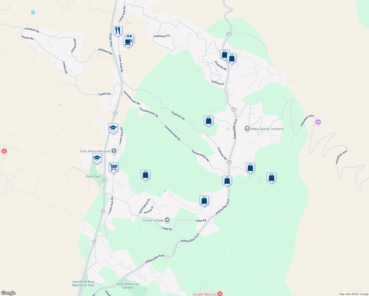 map of restaurants, bars, coffee shops, grocery stores, and more near 980 Kamehameiki Road in Kula