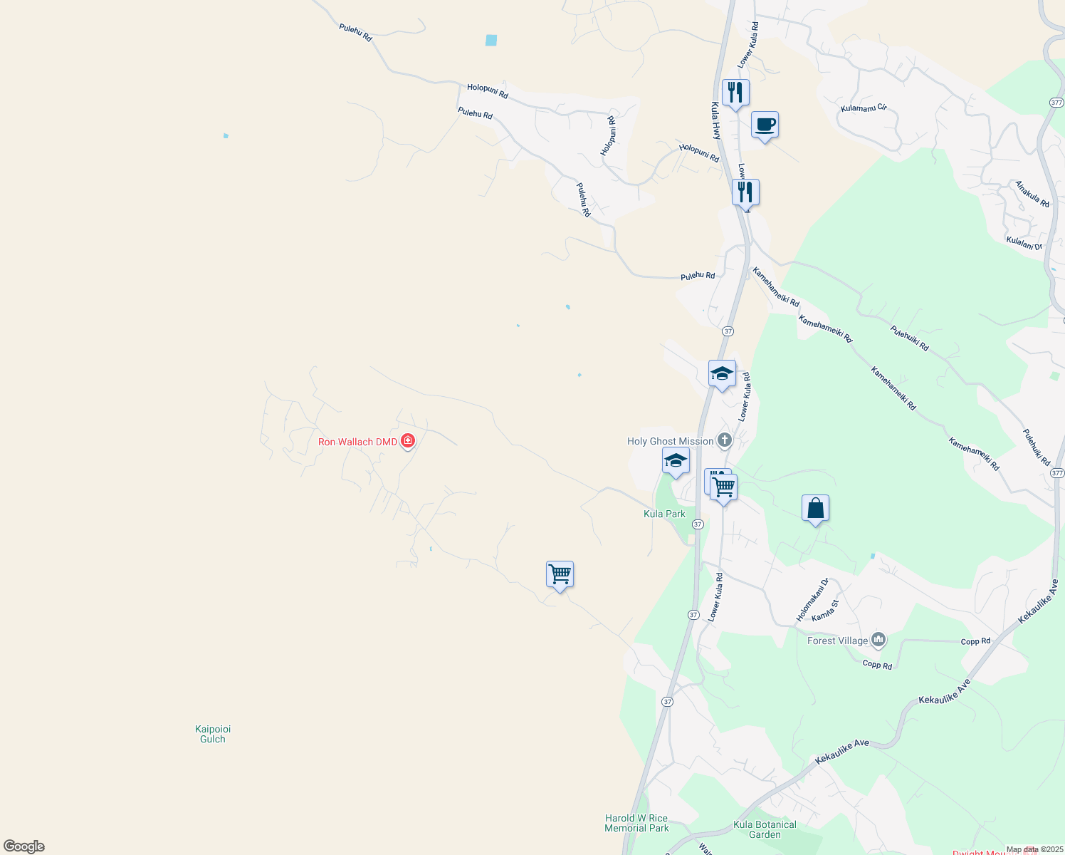 map of restaurants, bars, coffee shops, grocery stores, and more near 650 Calasa Road in Kula