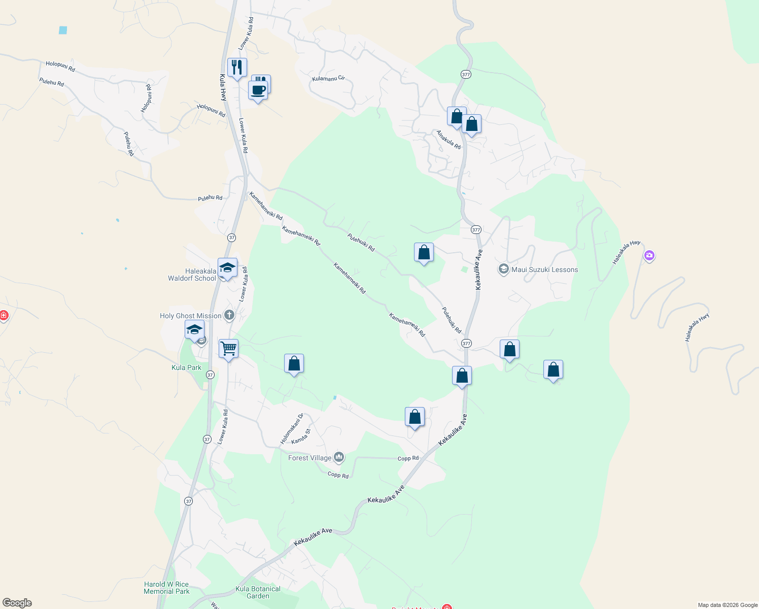 map of restaurants, bars, coffee shops, grocery stores, and more near 1000 Kamehameiki Road in Kula