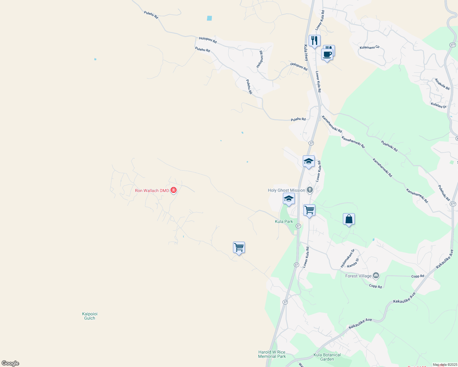 map of restaurants, bars, coffee shops, grocery stores, and more near 650 Calasa Road in Kula