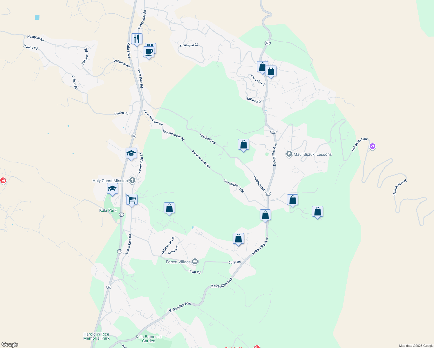map of restaurants, bars, coffee shops, grocery stores, and more near 1000 Kamehameiki Road in Kula