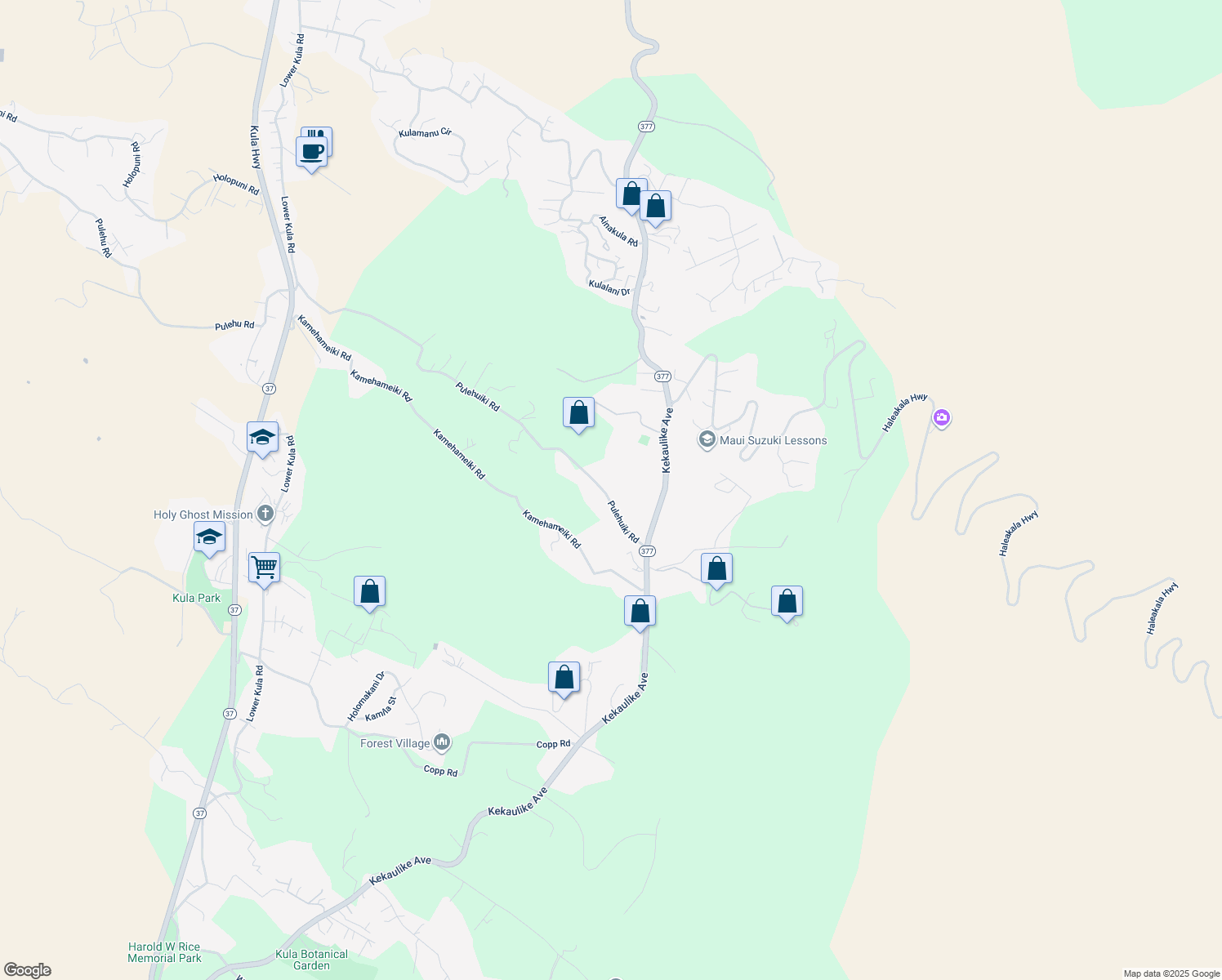 map of restaurants, bars, coffee shops, grocery stores, and more near 1351 Pulehuiki Road in Kula