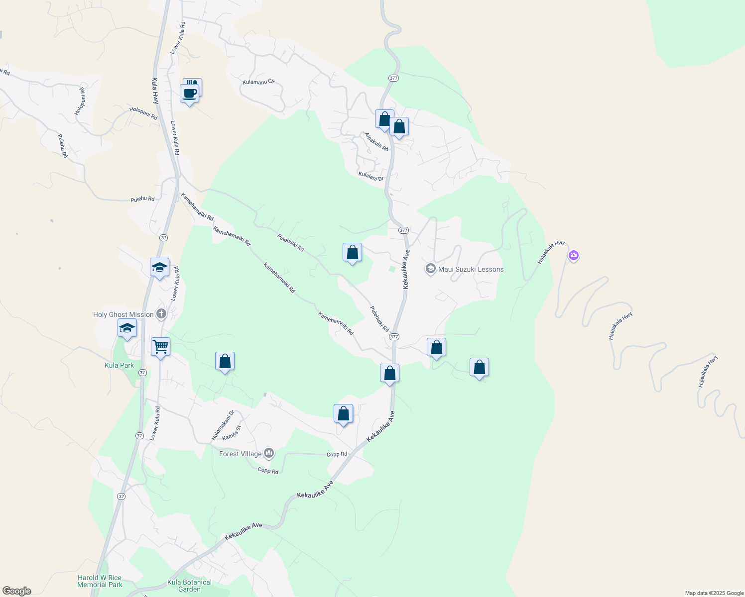 map of restaurants, bars, coffee shops, grocery stores, and more near 1351 Pulehuiki Road in Kula