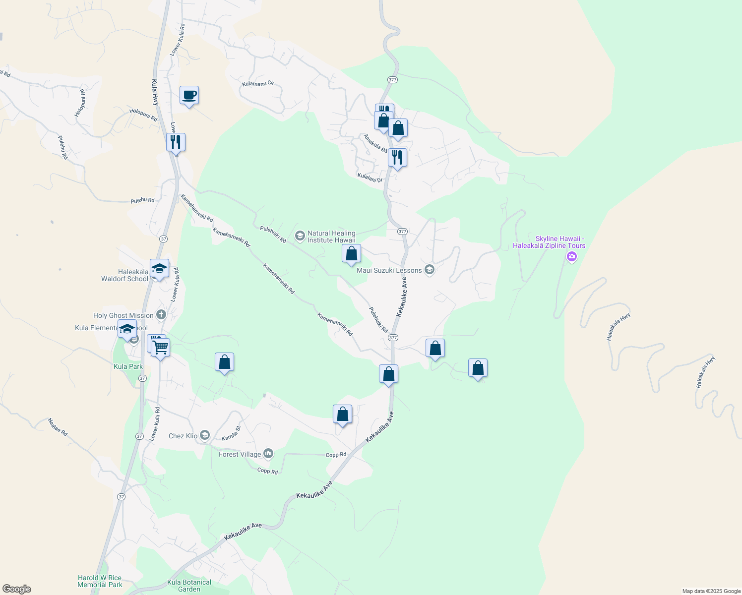 map of restaurants, bars, coffee shops, grocery stores, and more near 1351 Pulehuiki Road in Kula