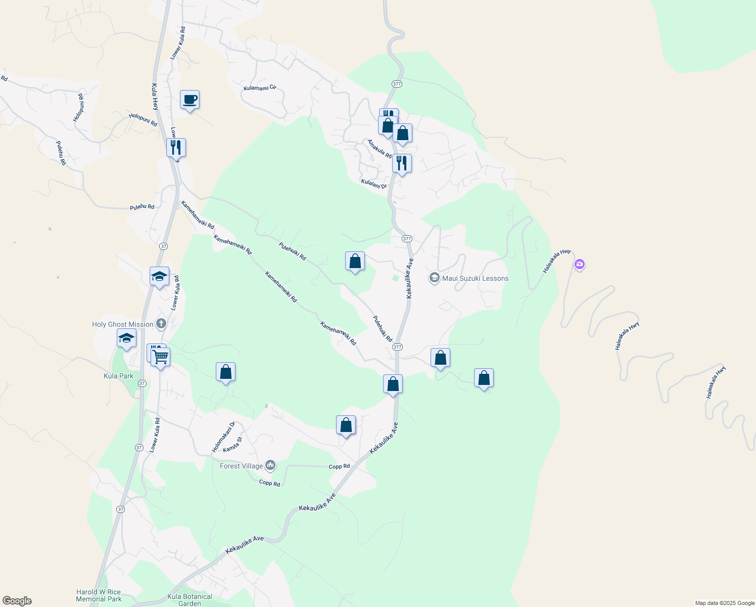 map of restaurants, bars, coffee shops, grocery stores, and more near 1351 Pulehuiki Road in Kula