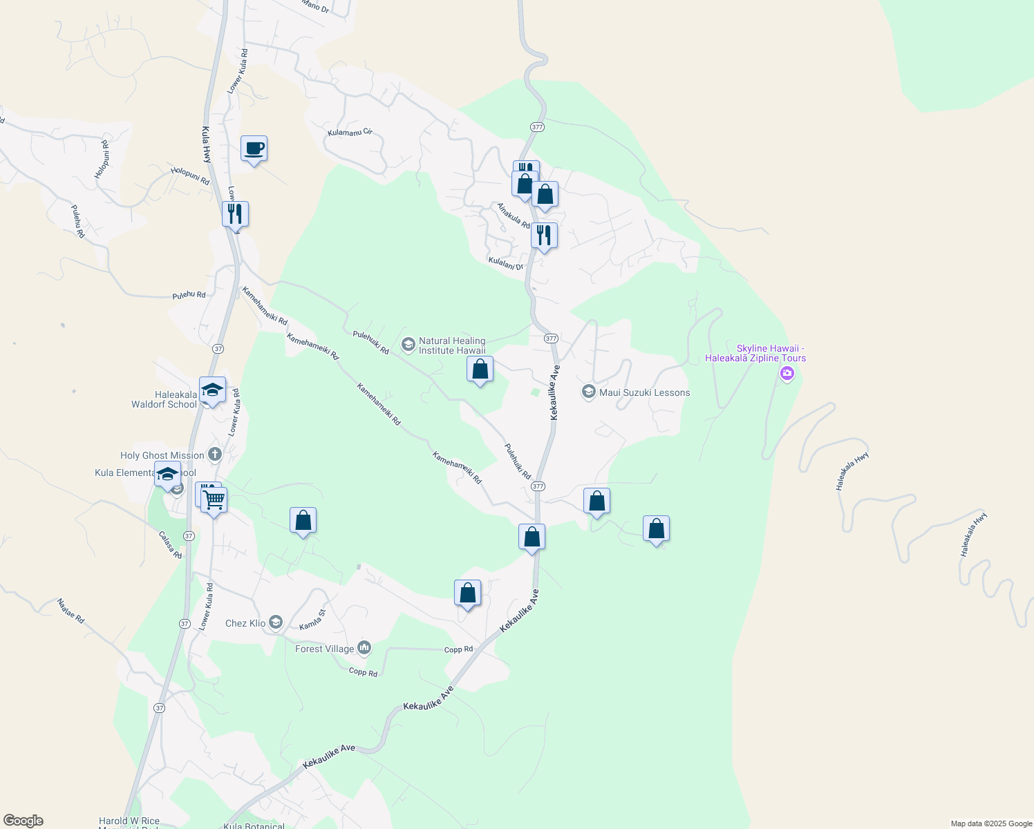 map of restaurants, bars, coffee shops, grocery stores, and more near 1351 Pulehuiki Road in Kula