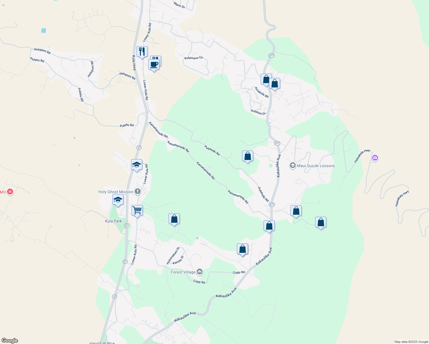 map of restaurants, bars, coffee shops, grocery stores, and more near 867 Kamehameiki Road in Kula