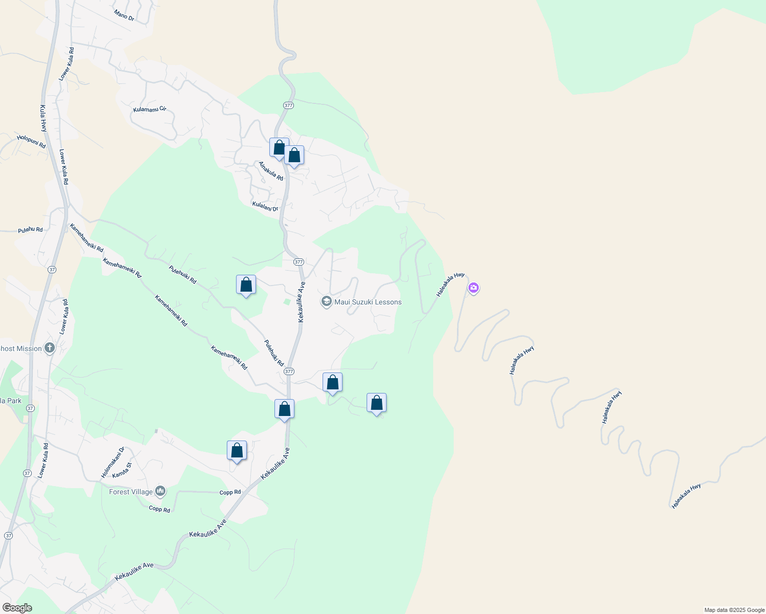 map of restaurants, bars, coffee shops, grocery stores, and more near 16940 Haleakala Highway in Kula