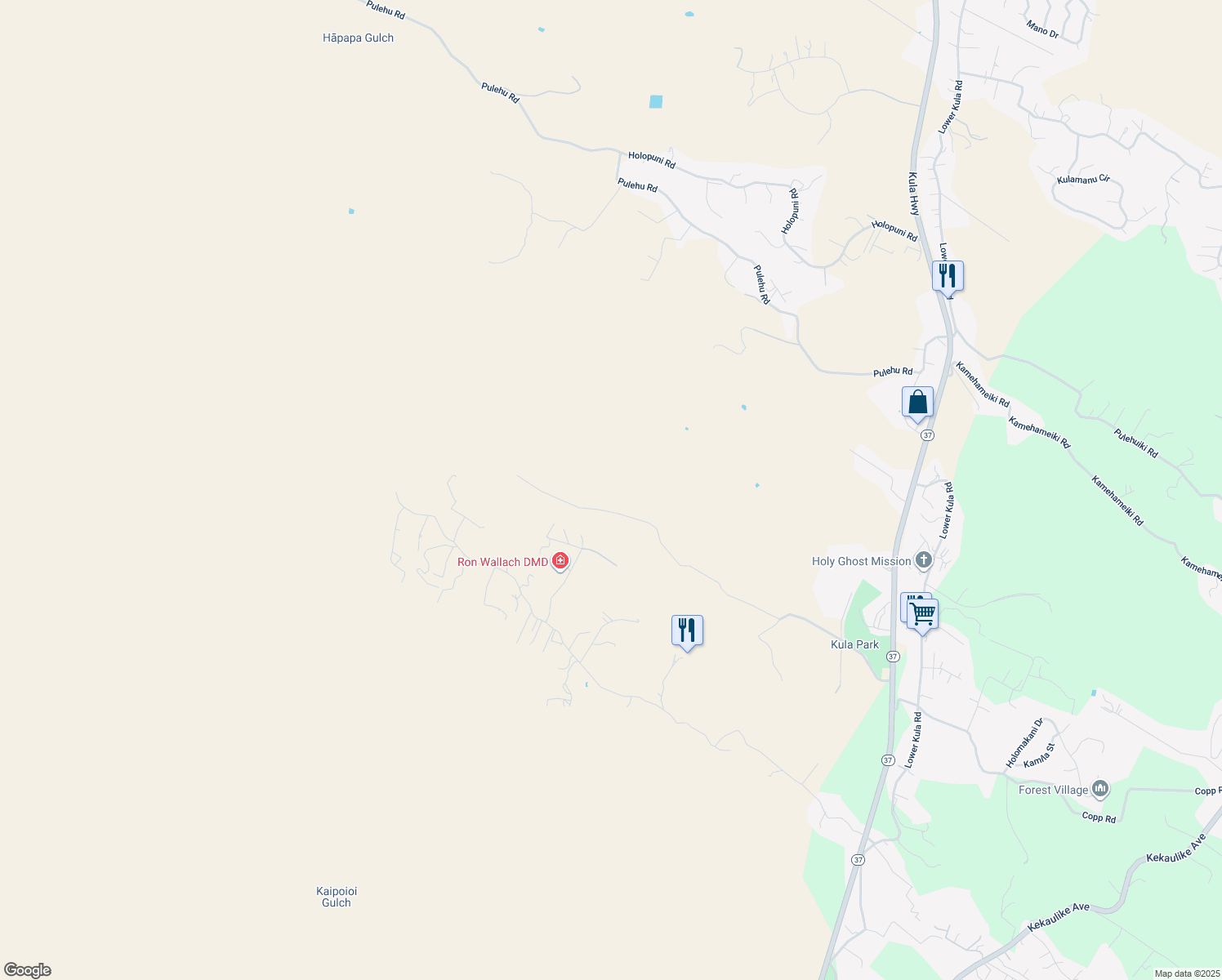 map of restaurants, bars, coffee shops, grocery stores, and more near 1216 Calasa Road in Kula