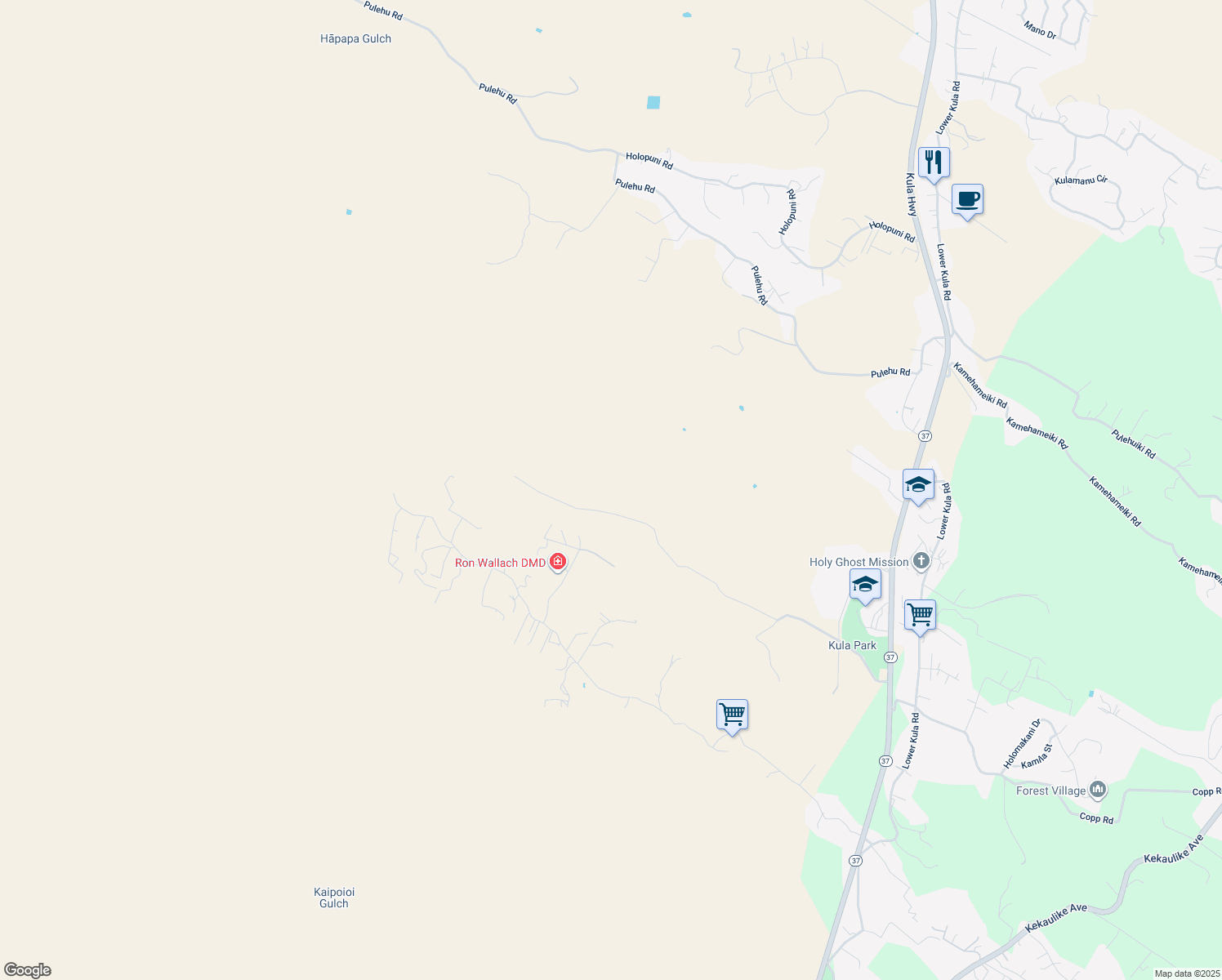 map of restaurants, bars, coffee shops, grocery stores, and more near 1216 Calasa Road in Kula