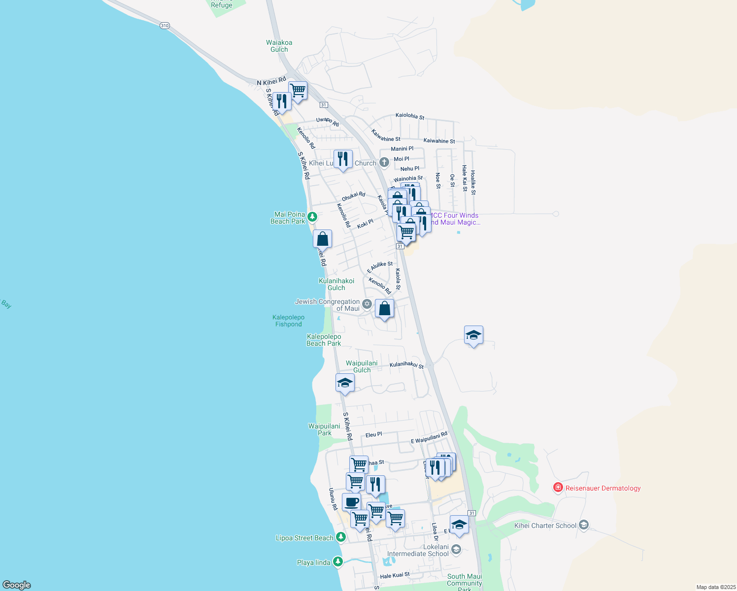 map of restaurants, bars, coffee shops, grocery stores, and more near 105 Pulama Pl in Kihei