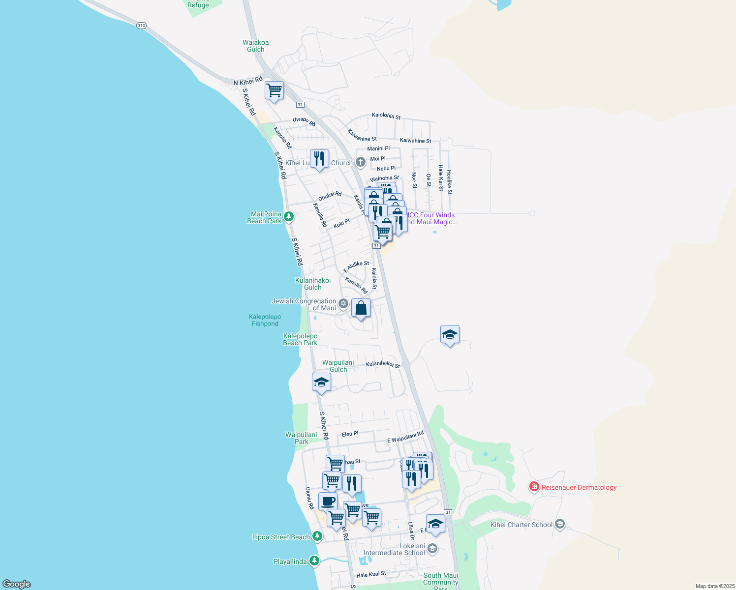 map of restaurants, bars, coffee shops, grocery stores, and more near Kaiola Street in Kihei