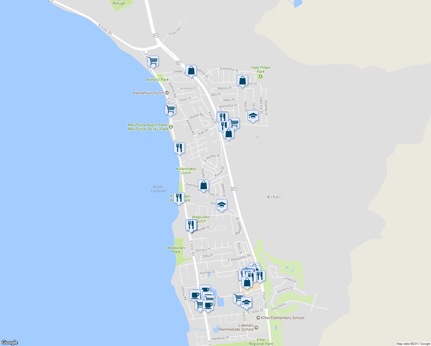 map of restaurants, bars, coffee shops, grocery stores, and more near 155 Makalauna Street in Kihei