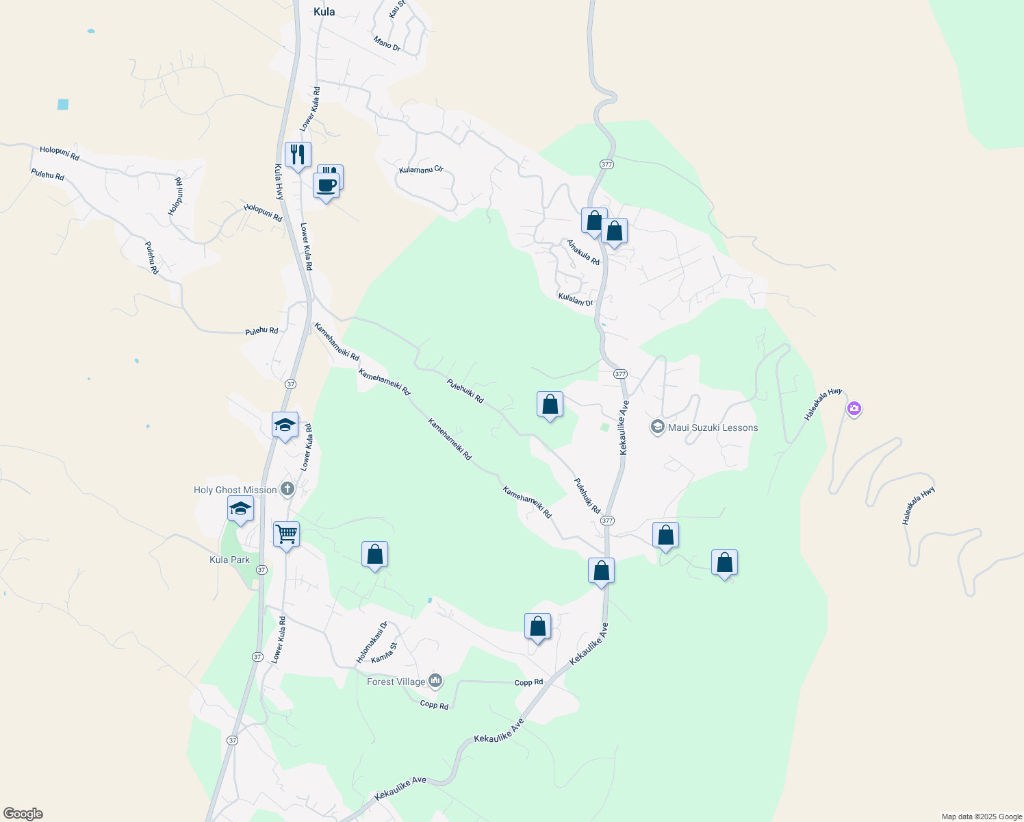 map of restaurants, bars, coffee shops, grocery stores, and more near 945 Pulehuiki Road in Kula
