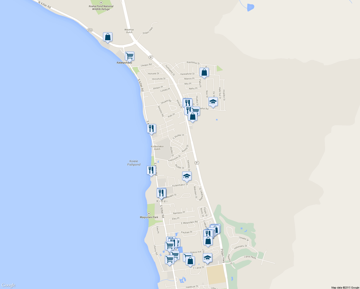 map of restaurants, bars, coffee shops, grocery stores, and more near 566 Papau Street in Kihei