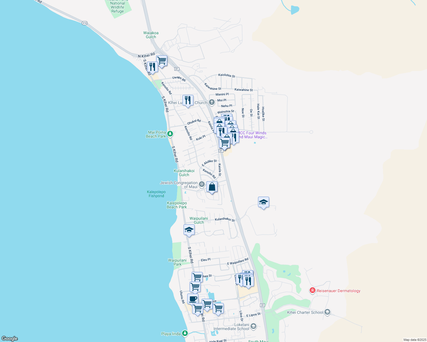 map of restaurants, bars, coffee shops, grocery stores, and more near 569 Papau Street in Kihei