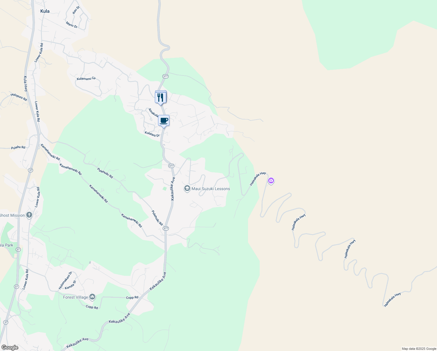 map of restaurants, bars, coffee shops, grocery stores, and more near 17-085 Haleakala Highway in Kula