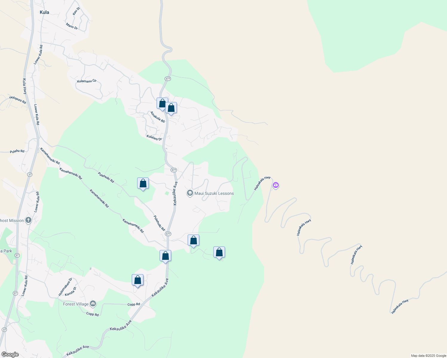 map of restaurants, bars, coffee shops, grocery stores, and more near 17-085 Haleakala Highway in Kula