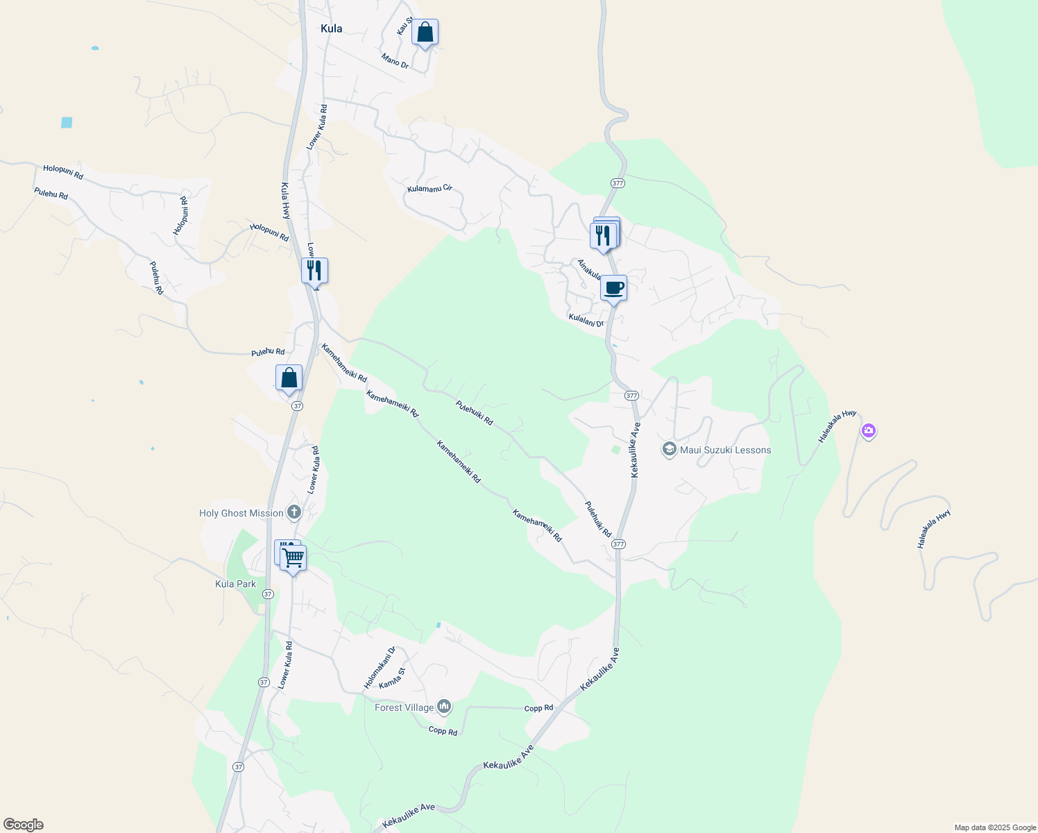 map of restaurants, bars, coffee shops, grocery stores, and more near 945 Pulehuiki Road in Kula