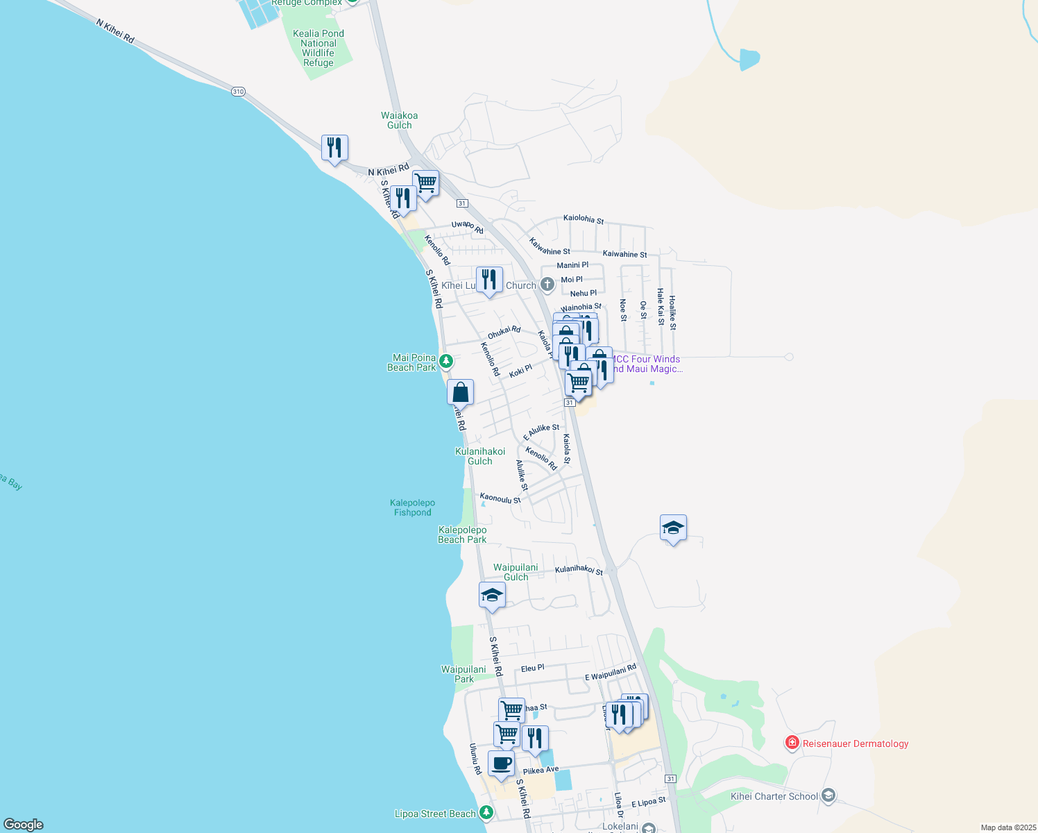 map of restaurants, bars, coffee shops, grocery stores, and more near 114 Lanakila Place in Kihei