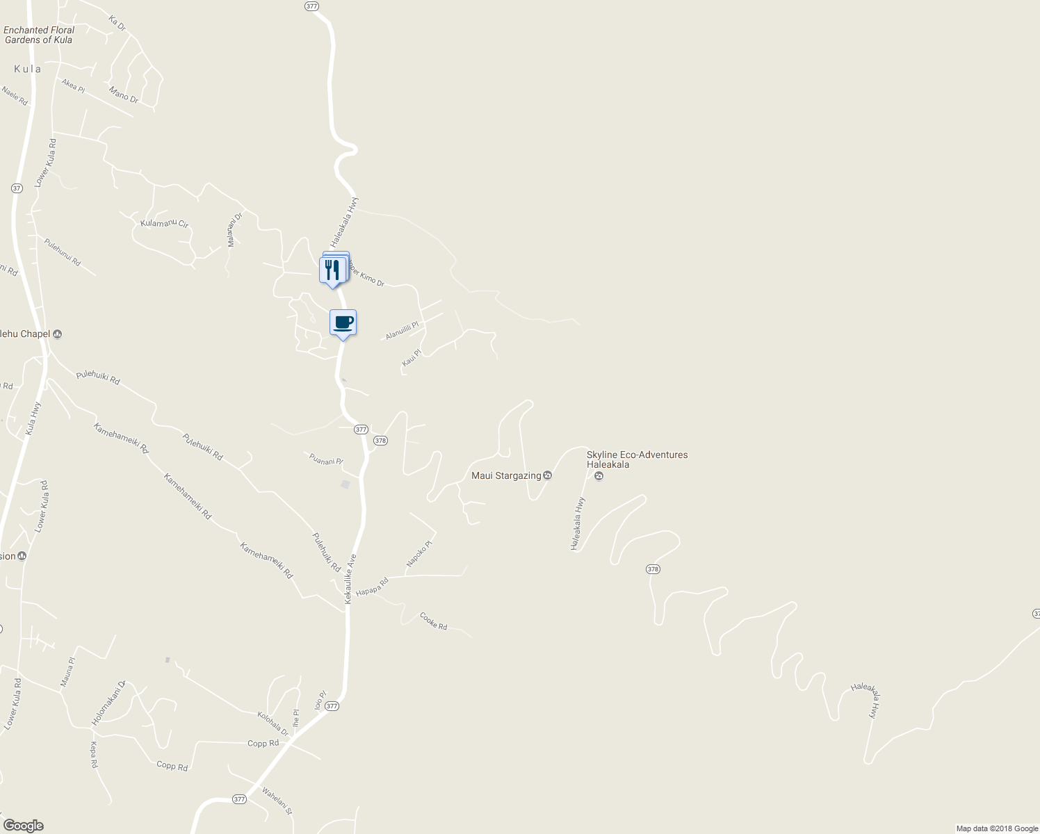 map of restaurants, bars, coffee shops, grocery stores, and more near 17526 Haleakala Highway in Kula