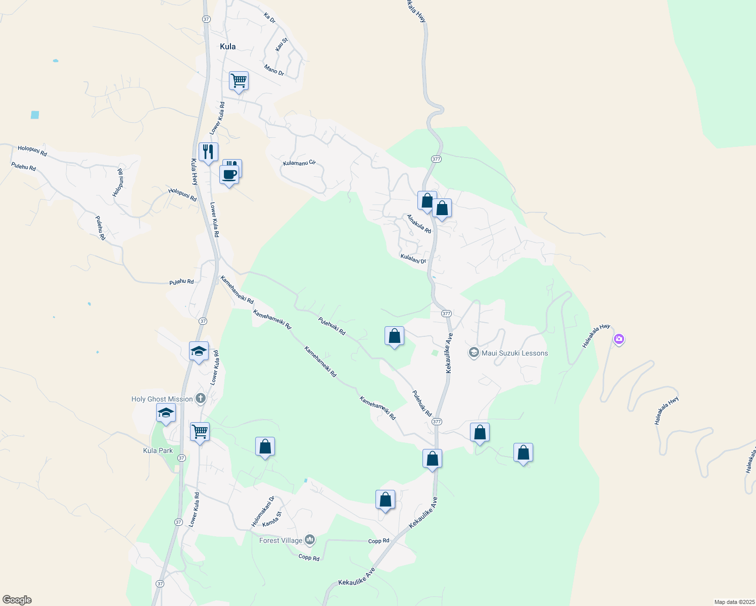 map of restaurants, bars, coffee shops, grocery stores, and more near 15640 Haleakala Highway in Kula