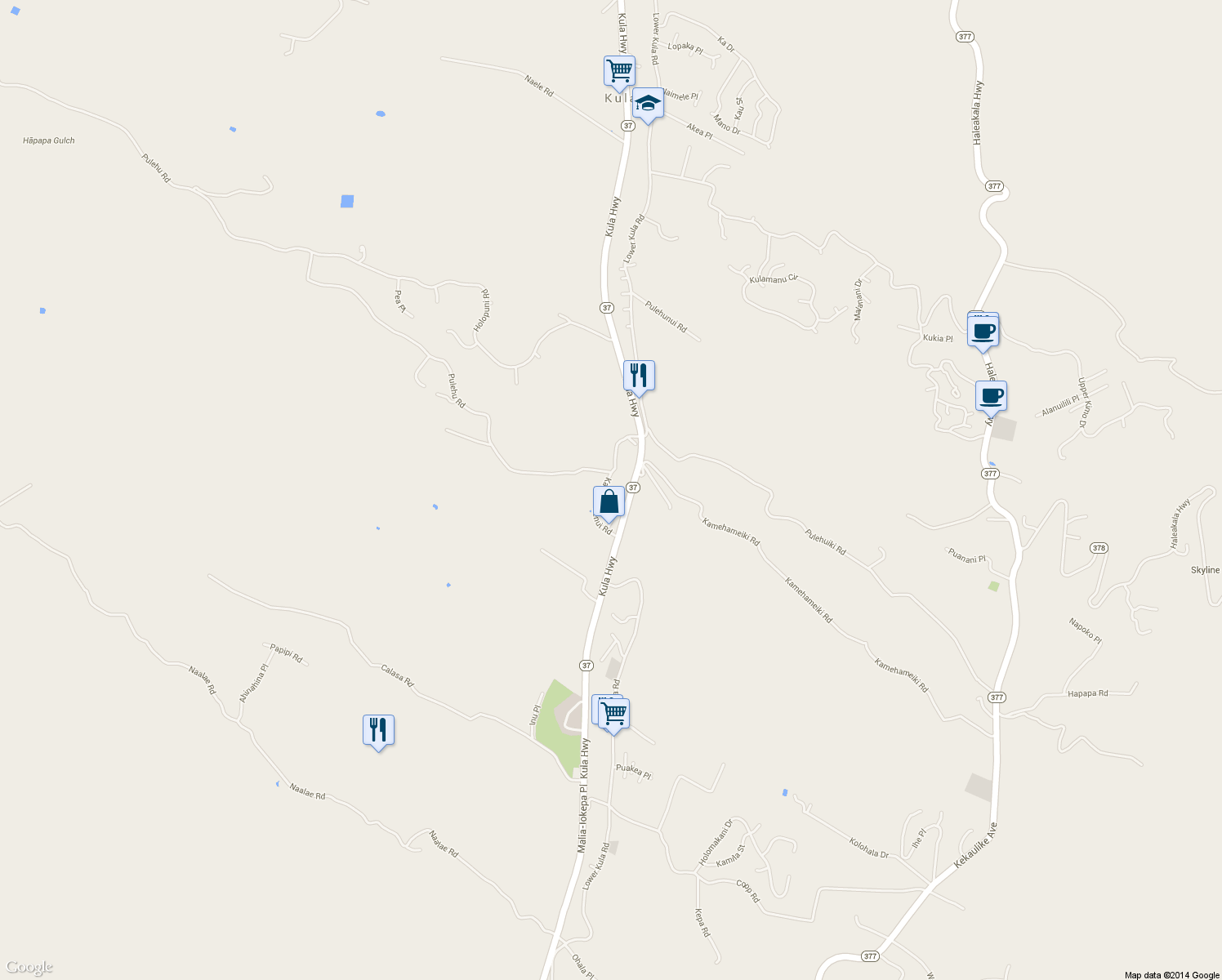 map of restaurants, bars, coffee shops, grocery stores, and more near 3535 Lower Kula Road in Kula