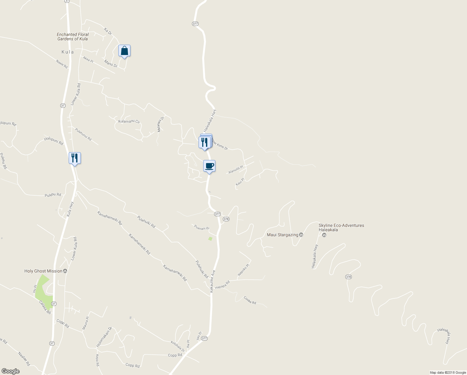 map of restaurants, bars, coffee shops, grocery stores, and more near 54 Kaui Place in Kula