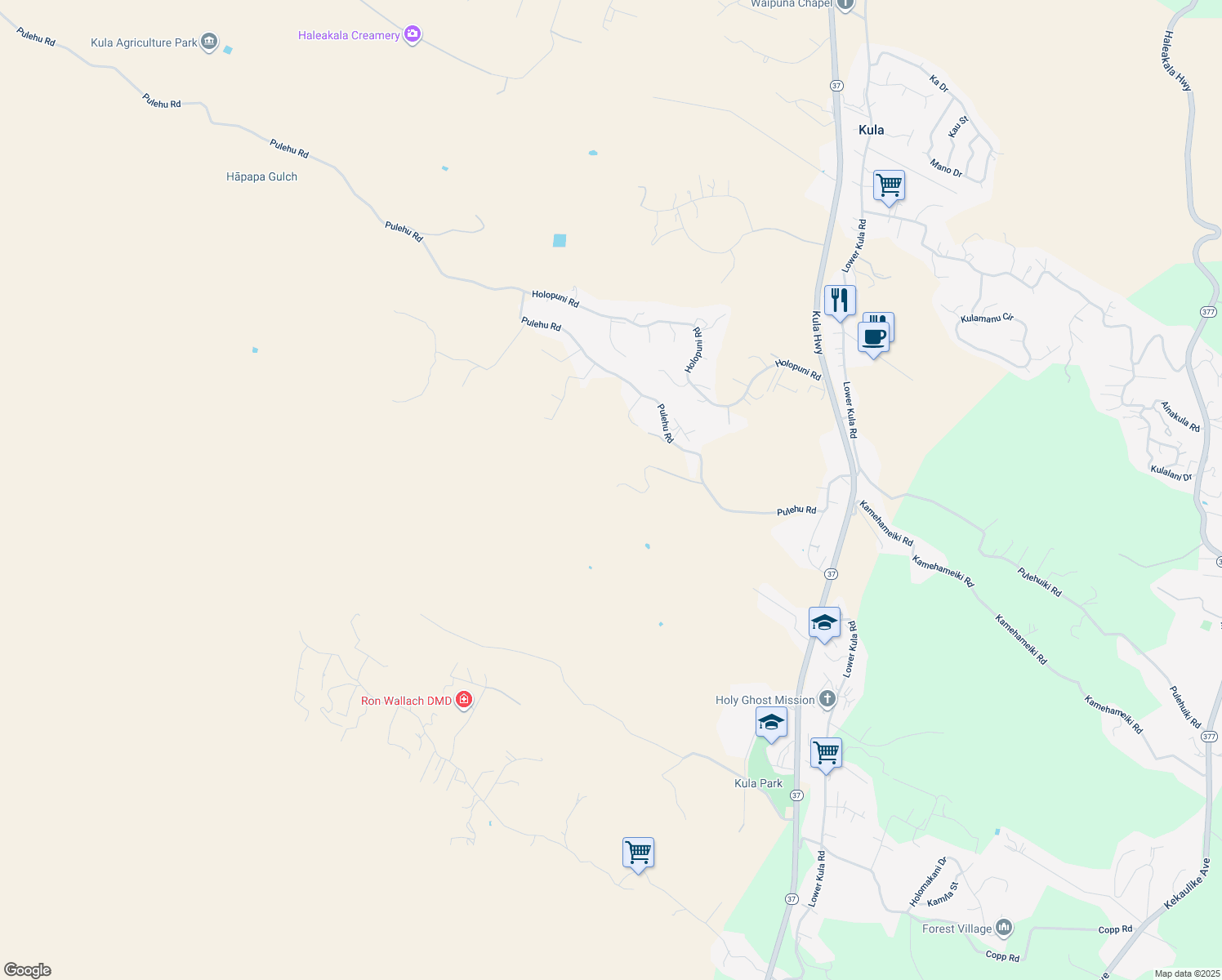 map of restaurants, bars, coffee shops, grocery stores, and more near 375 Pulehu Road in Kula