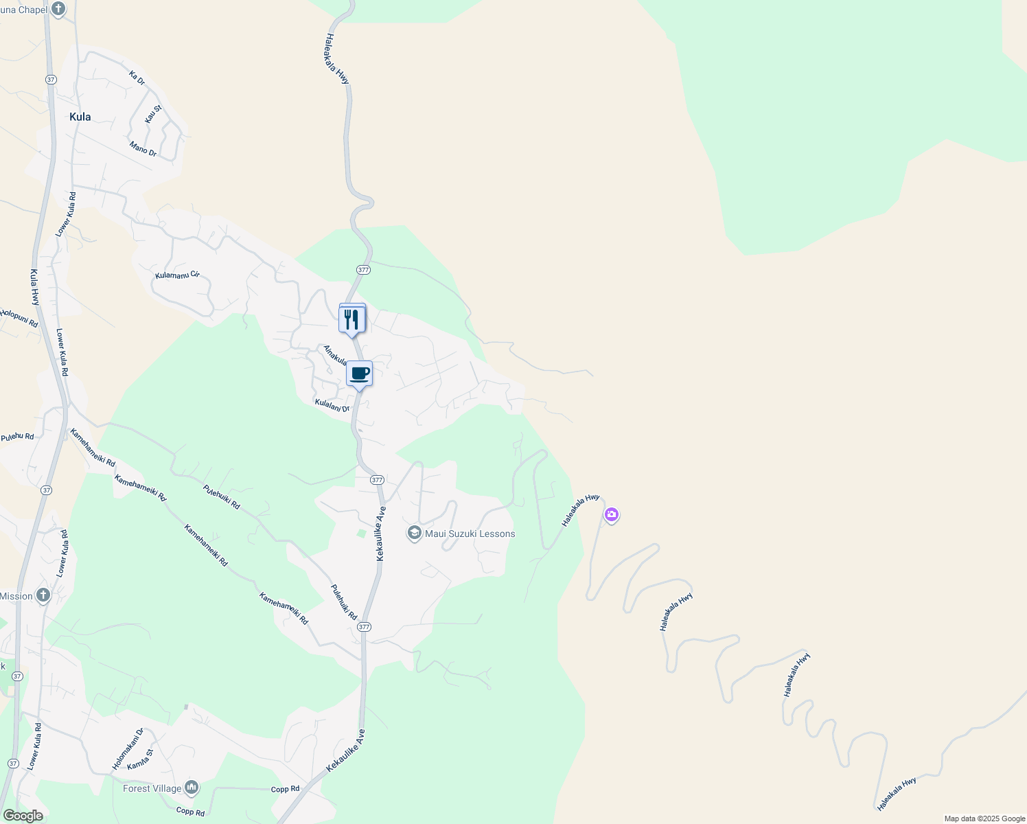 map of restaurants, bars, coffee shops, grocery stores, and more near 1100 Upper Kimo Drive in Kula