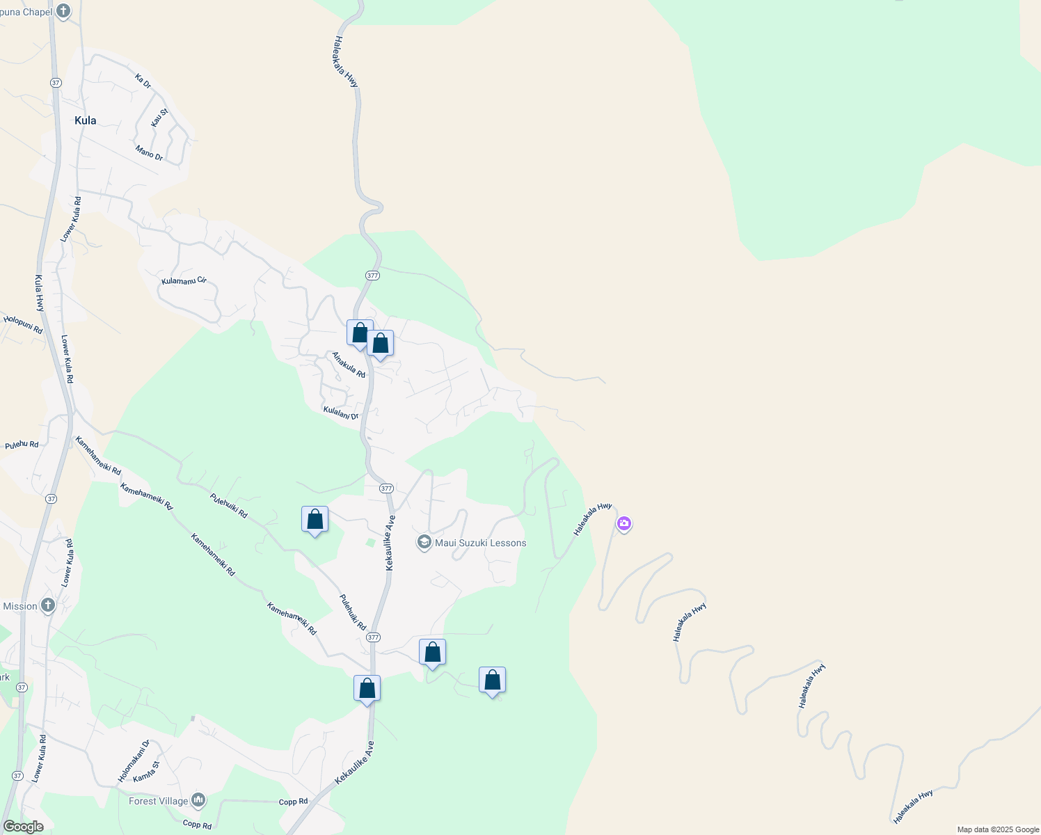 map of restaurants, bars, coffee shops, grocery stores, and more near 1100 Upper Kimo Drive in Kula