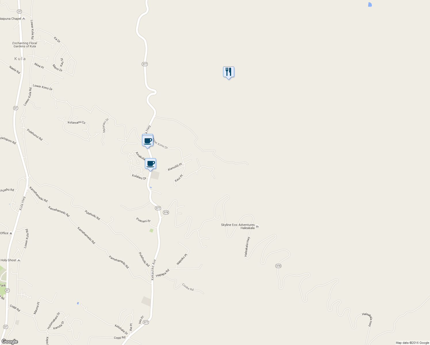 map of restaurants, bars, coffee shops, grocery stores, and more near 1067 Upper Kimo Drive in Kula