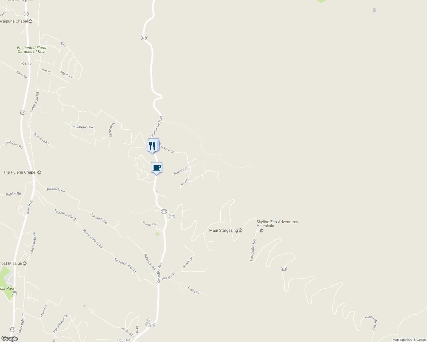 map of restaurants, bars, coffee shops, grocery stores, and more near 993 Upper Kimo Drive in Kula