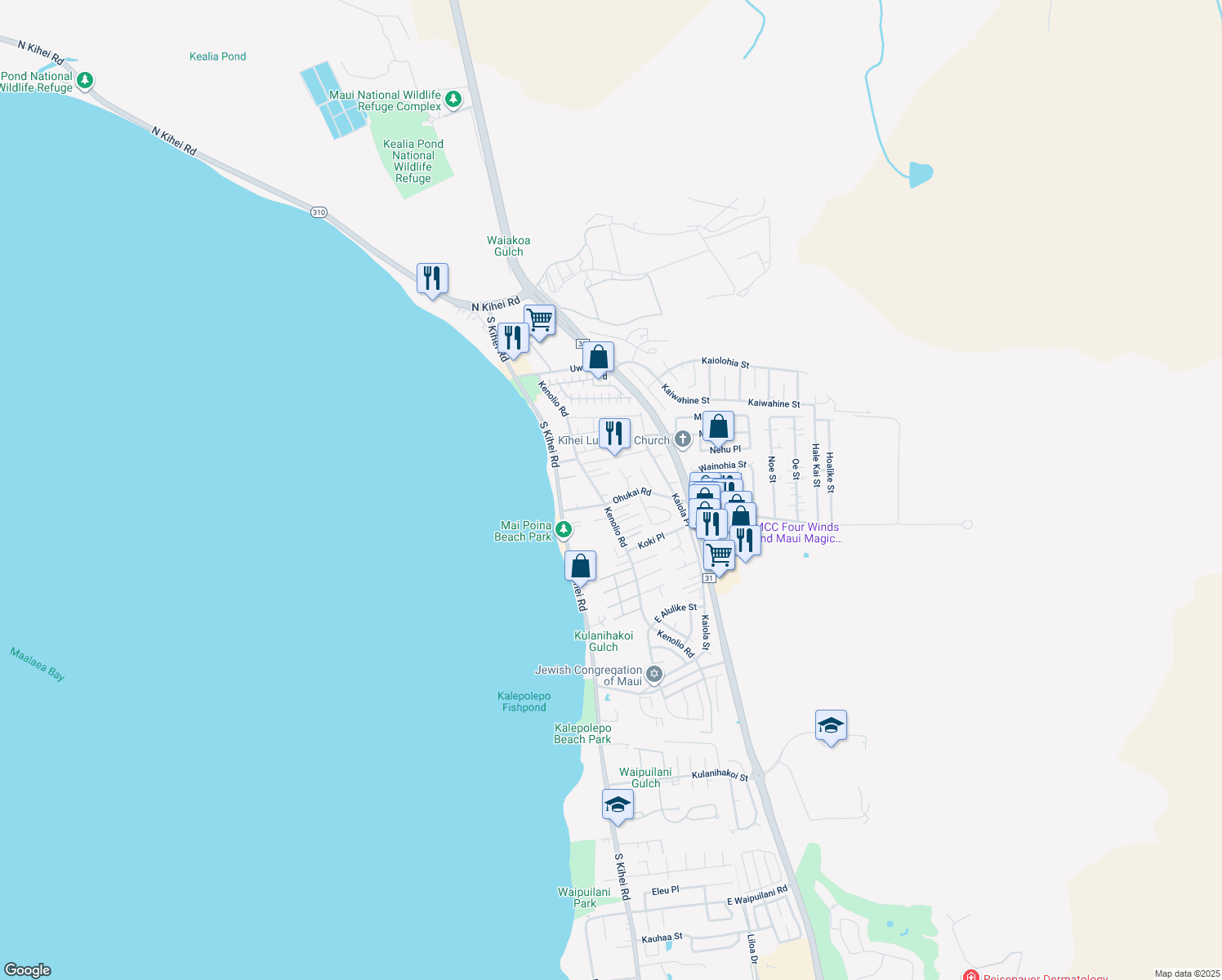 map of restaurants, bars, coffee shops, grocery stores, and more near 317 Kenolio Road in Kihei