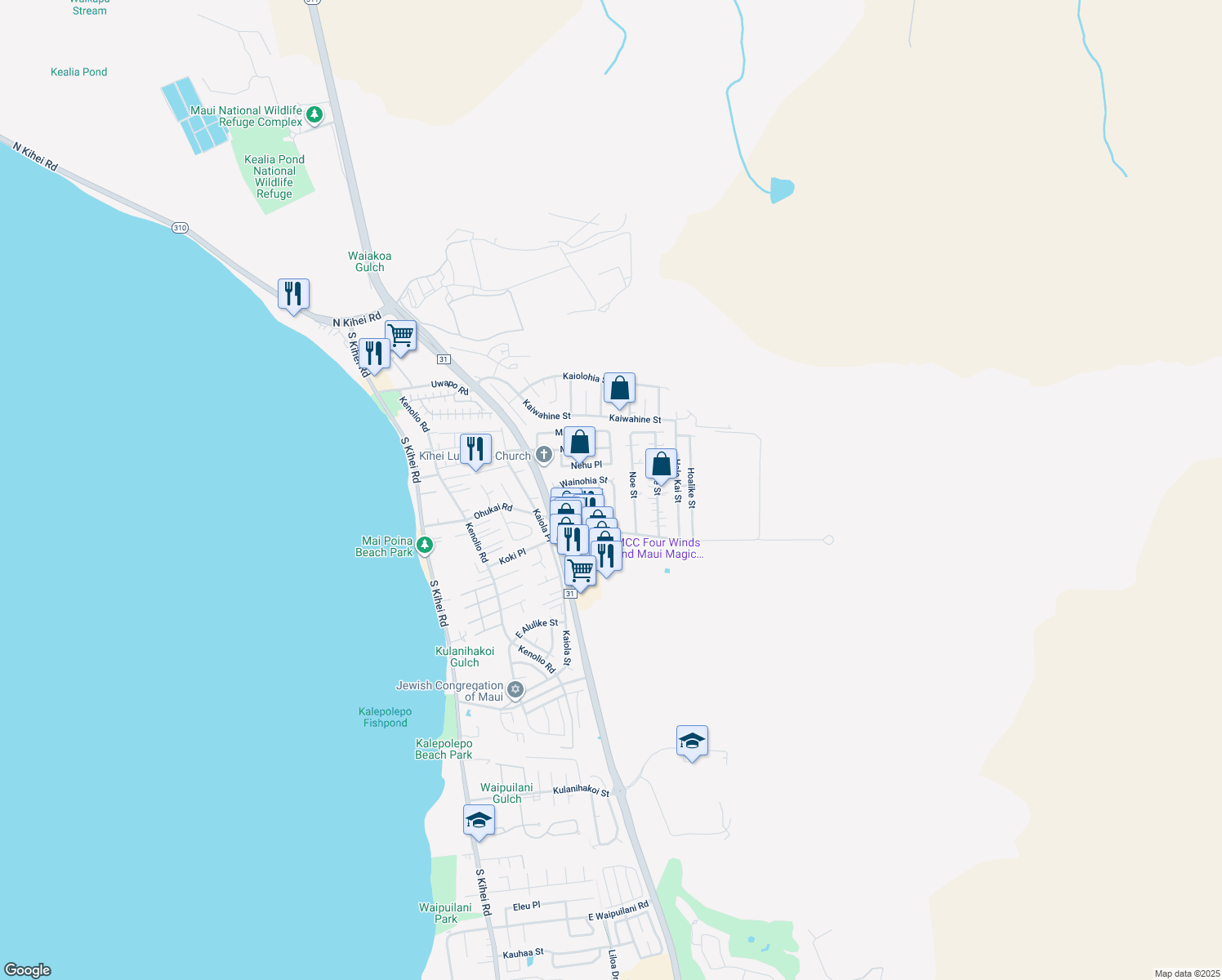 map of restaurants, bars, coffee shops, grocery stores, and more near 308 Wainohia Street in Kihei