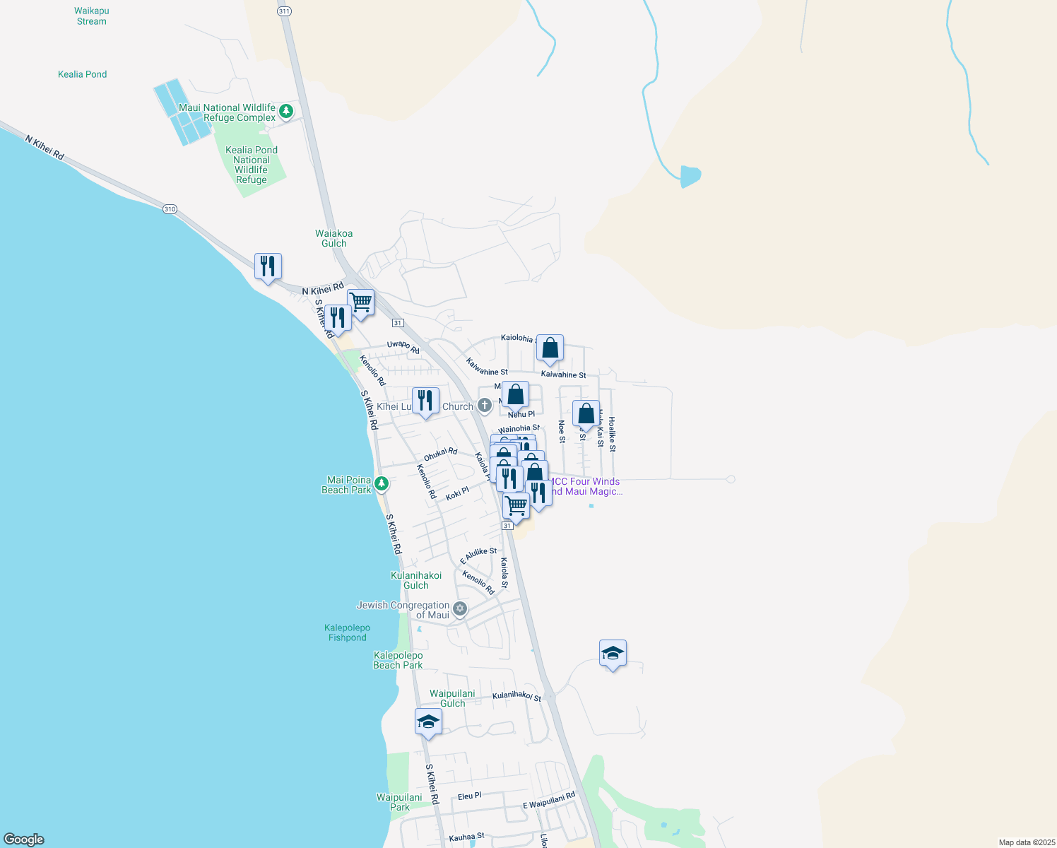 map of restaurants, bars, coffee shops, grocery stores, and more near 277 Wainohia Street in Kihei