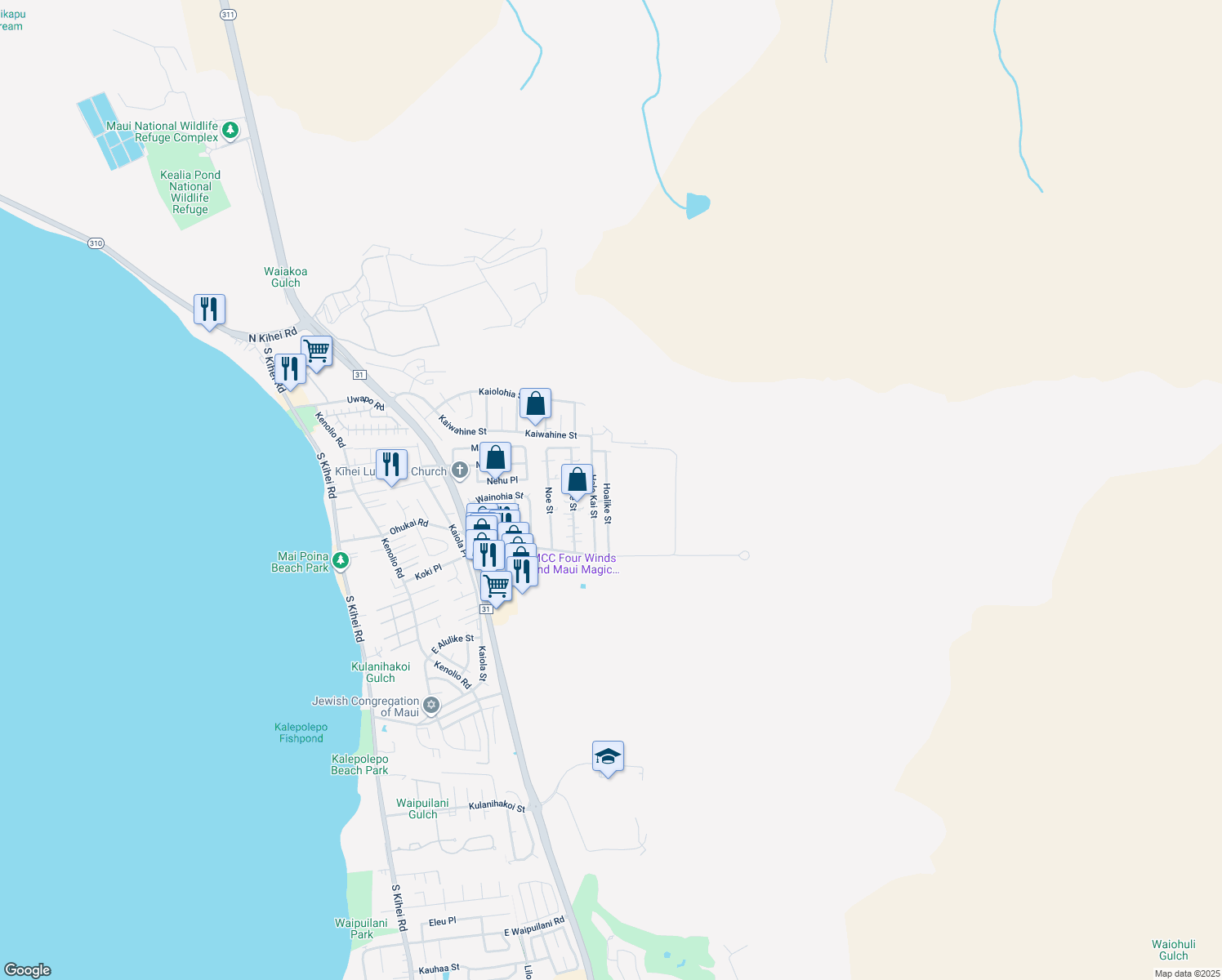 map of restaurants, bars, coffee shops, grocery stores, and more near 261 Hoalike Street in Kihei